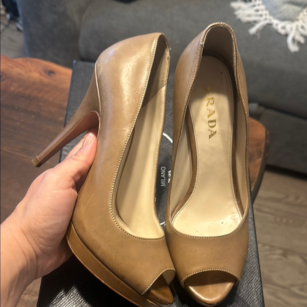 Prada Tan Peep-Toe Heels
